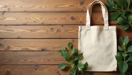 Tote bag mockup on wood table with plant decor. Simple blank canvas totepack. Eco friendly reusable bag for brand logo promotion. Shopping sack for zero waste lifestyle. Natural design.