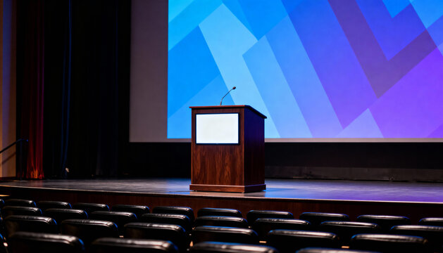 Conference stage with podium and blank screen lectern