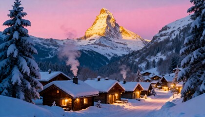 Fototapeta premium Cozy Alpine Village at Sunrise with Pink Sky and Snowy Mountain