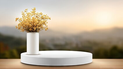 White podium displays dried flowers against a hazy landscape at sunset.