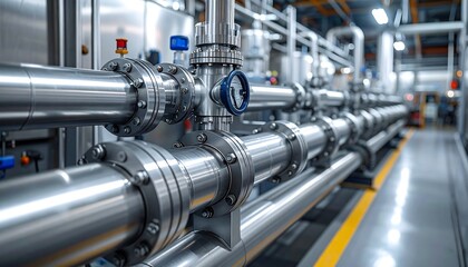 Gleaming, metallic pipes span horizontally across a blurred industrial setting with intricate junctions