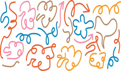 Colorful curved line illustration Wavy Fun Kid Pattern Isolated Line Shapes. Abstruck Squiggle Vector Graphic Design Background. Organic Doodle Ribbon Elements. on transparent design.