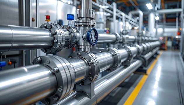 Gleaming, metallic pipes span horizontally across a blurred industrial setting with intricate junctions