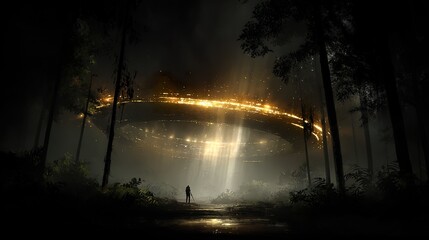 Mysterious golden orb over forest at night