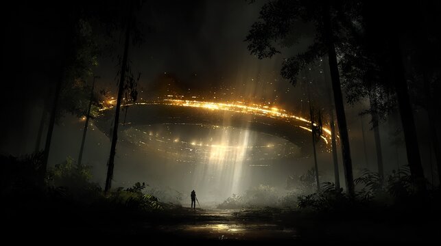 Mysterious golden orb over forest at night