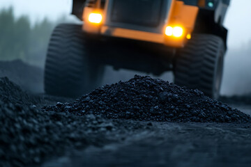 A powerful construction vehicle illuminates the scene, its headlights cutting through the twilight. Focus on the dark soil, hinting at earthmoving and a project in progress.