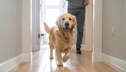 Golden retriever walks down hallway towards camera, led by owner, showing domestic scene with bright natural light