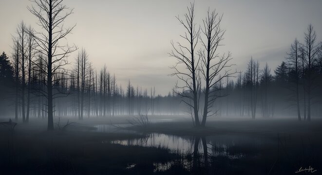 Barren trees silhouetted against overcast dusk, faint mist and cool palette express solitude and quiet melancholy