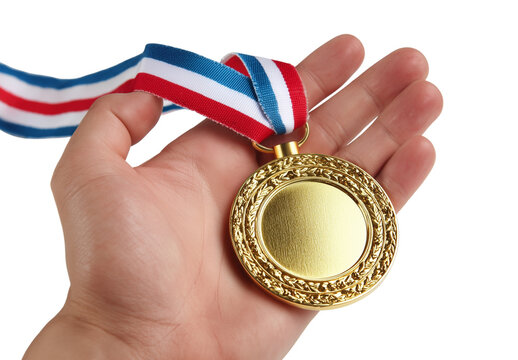 Holding a gold medal with tricolor ribbon in hand during an award ceremony celebration Generative AI