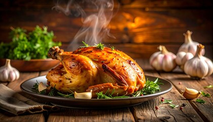 Golden roasted chicken on dark plate, garnished, steaming on rustic wood with blurred garlic and greens backdrop