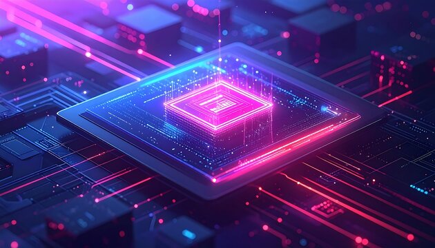 Glowing square center on a complex electronic surface with bright lines and boxy shapes, colorful lighting - Powered by Adobe