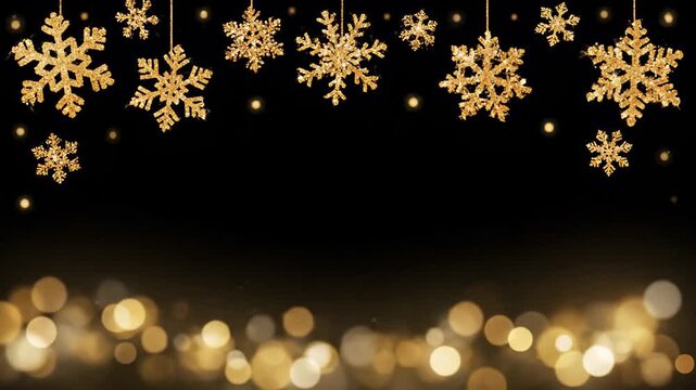 Golden snowflakes gracefully descend against a dark backdrop, creating a magical winter atmosphere with shimmering bokeh effects, camera zooms out to reveal more details