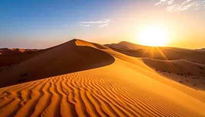 Golden sand dunes stretch under a bright sun against a clear, blue sky. Ripples pattern the dunes' surface