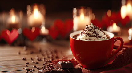 Red mug of hot chocolate with whipped cream and chocolate shavings on rustic wood, candlelight background