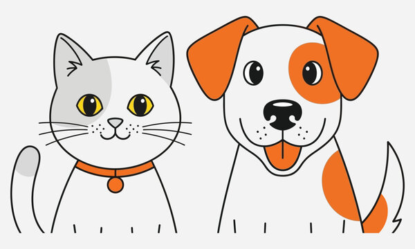 Vector illustration of a cute cat and dog friendship, charming domestic animal companions with collars isolated on a white background