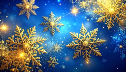 Golden snowflakes against a gradient blue backdrop, sparkling stars, and dreamy atmospheric effects
