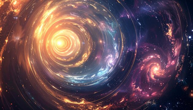 Glowing, swirling cosmic spiral with nebulae, transitioning colors from orange to blue and purple in deep space