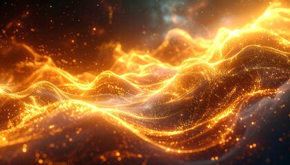 Golden sparkling abstract flowing waves on dark background, illuminated by bright light, creating ethereal, magical effect