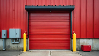 Red industrial roll up door on corrugated metal building. Yellow safety poles guard concrete base near grey utility boxes. Red metal crate sits on ground.