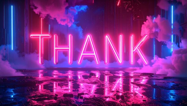 Glowing "THANK" neon sign with cloud accents on a reflective surface, lit in vibrant pink, blue, and purple hues