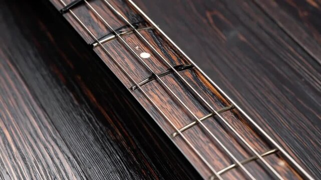 Close-up of a dark wooden instrument's fingerboard and strings, with fret markers