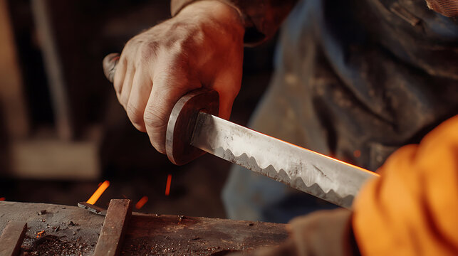 A blacksmith expertly crafts a jagged blade, showcasing his skill in shaping steel. The scene captures the intensity and precision of traditional metalworking, set in a dark, industrial forge. - Powered by Adobe