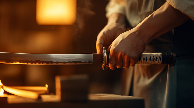 Crafting a katana with precision. Each step is infused with tradition and skill. A testament to the art of sword making. The warmth of the forge and the cold steel unite.