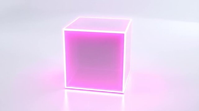A glowing pink cube with a neon outline against a white background. It's lit and appears translucent - Powered by Adobe
