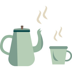 A light green enamel coffee pot sits next to a matching mug with steam rising on a transparent background suggesting a warm beverage.