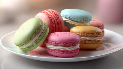 Close up of colorful macarons stacked on a white plate in soft lighting