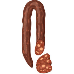 A long cured sausage with slices cut from it against a white background ready for use in culinary creations