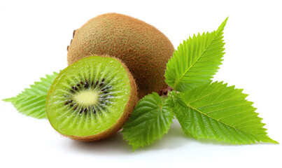 Whole and sliced kiwi fruit with green leaves on light background