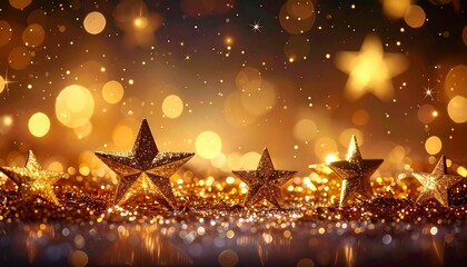 Golden stars glitter amidst bokeh lights, creating a festive, sparkly, and celebratory atmosphere