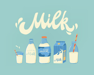 Milk doodles, dairy products illustration with milk bottles and carton for cards, posters, prints, banners, signs, logos, product packaging, etc. EPS 10