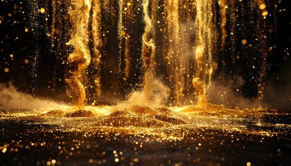 Golden streams cascade onto a glistening surface, creating a textured, shimmering landscape against a dark backdrop