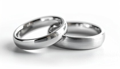 Two Platinum Wedding Rings on a White Surface Symbolizing Love and Commitment