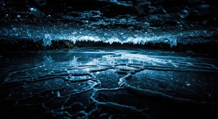Naklejka premium Explore an icy cave with stunning crystal formations and frozen patterns, perfect for winter travel ads