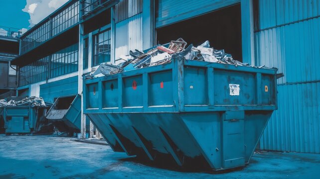 Industrial dumpster filled with garbage, outdoor factory scene, commercial setting, blue tones, copy space