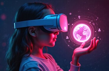 Girl uses VR. Female wears virtual reality headset. Child looks at digital globe. Futuristic technology, immersive experience concept. Kid interacts with world hologram. Person in metaverse explores