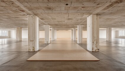 An expansive, light-filled interior space showcases a muted color palette and minimalist design.