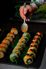 The process of preparing sushi set in the restaurant kitchen
