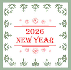 2026 Happy New Year banner. Red letters green fir frame stock vector illustration for web, for print, for postcard