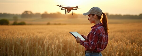 Woman farmer holds tablet in golden wheat field. Drone flies above, checking crop. Smart agriculture tech uses data for farming and harvest.