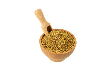 dried flowers of black lilac or black elder in latin sambuci flos in wooden bowl and scoop isolated on white background. Medicinal herb.