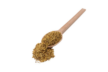 dried flowers of black lilac or black elder in latin sambuci flos on wooden spoon isolated on white background.  Herbs. Alternative medicine.