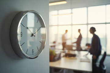 A clock hangs on the wall. In the background are people working in the office.