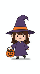 A cute cartoon girl dressed as a witch holding a pumpkin candy bucket for Halloween.
