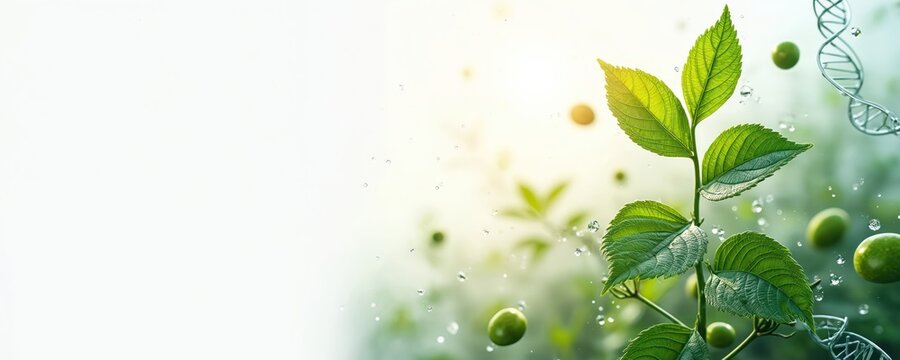 Green plant sprout with DNA helix structure. Biology concept shows genetic research, biotechnology innovation. Represents molecular biochemistry, gmo agriculture study. Fresh leaves, water drops,