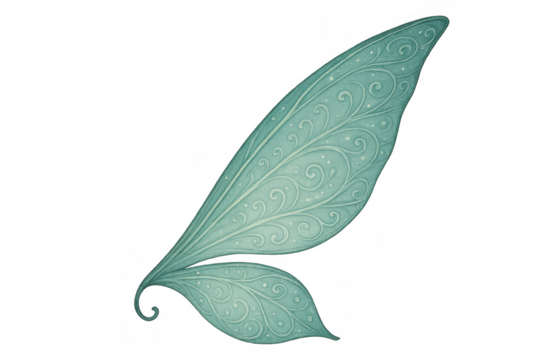 Teal fairy wing illustration with delicate magical patterns and shimmering details, fantasy creature concept on transparent background