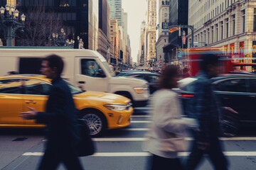 Hurrying people and cars on the street of a city.